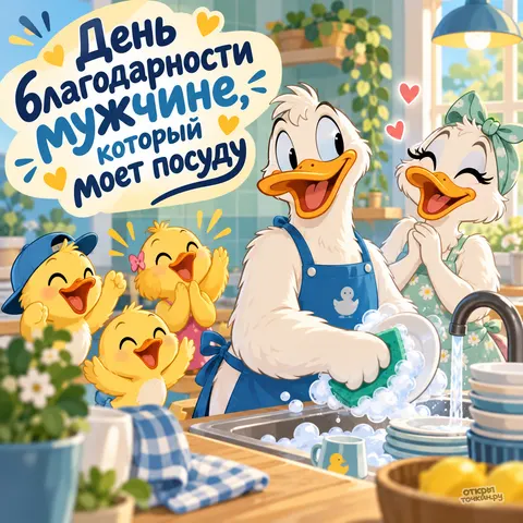 Открытка «День благодарности мужчине, который моет посуду, утиная семья на кухне»