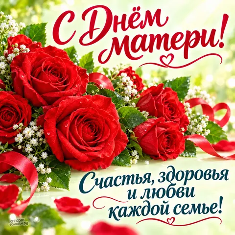 Открытка «С Днём матери, красные розы и пожелание счастья семье»