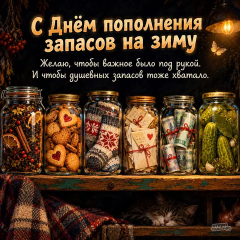 Открытка «День пополнения запасов на зиму, банки с запасами на полке и спящий кот»