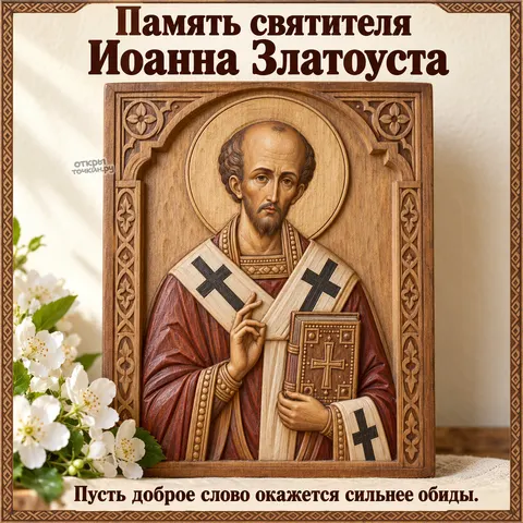 Открытка «День памяти Иоанна Златоуста, резная икона святителя с белыми цветами»