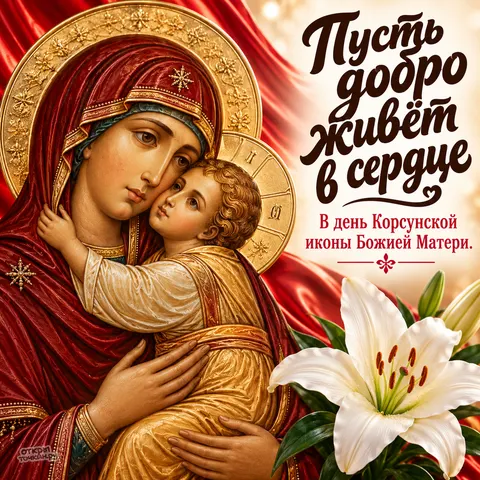 Открытка «Корсунская икона Божией Матери, белая лилия на бархате, пусть добро живёт в сердце» — Праздник Корсунской иконы Божией Матери