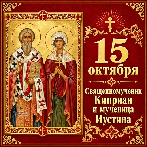 Открытка «Священномученик Киприан и мученица Иустина, 15 октября, бордовый фон»
