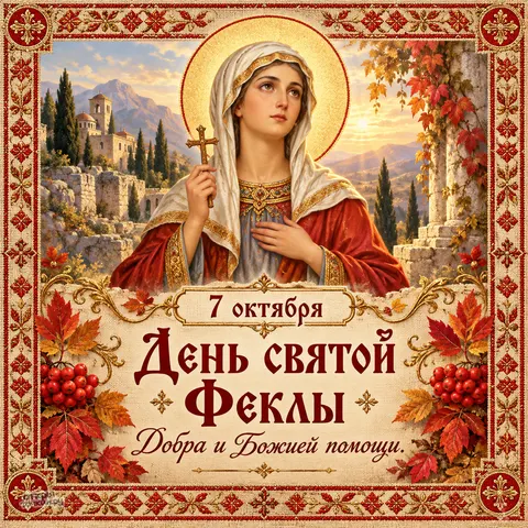 Открытка «С днём святой Феклы, осенняя открытка с вышивкой» — Равноапостольная Фекла Иконийская