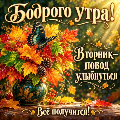 Открытка «Бодрого утра вторника, бабочка на букете осенних листьев» — Доброе утро