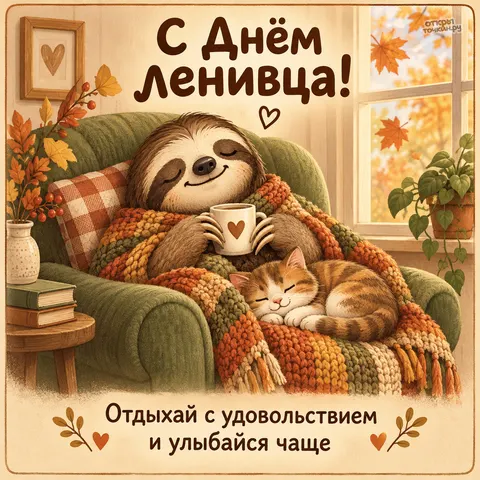 Открытка «Международный день ленивца, ленивец в кресле с котом и кружкой у окна»