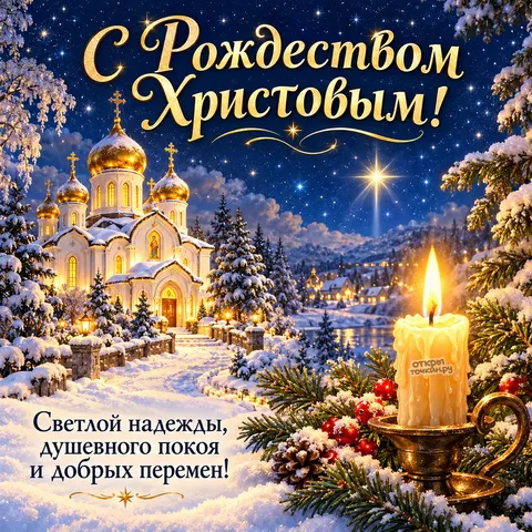 Открытка «С Рождеством Христовым, горящая свеча и храм под звёздами»