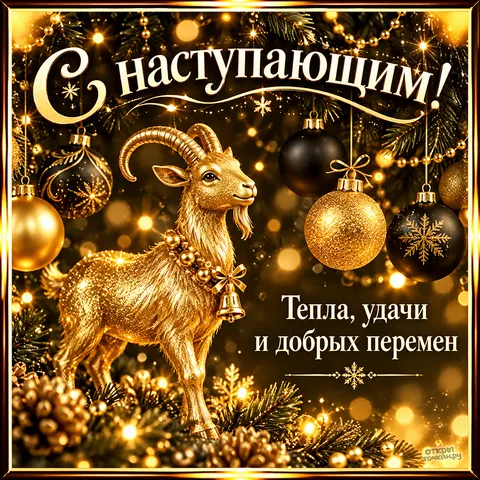 Открытка «С Наступающим Новым годом, золотая коза с колокольчиком среди елочных шаров» — Канун Нового года