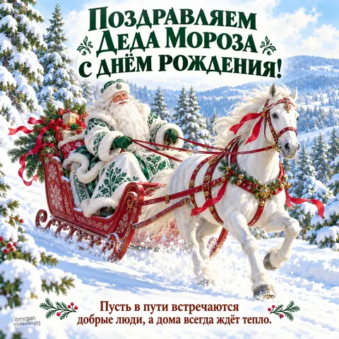 Открытка «День рождения Деда Мороза, дед мороз в санях с белой лошадью в лесу»