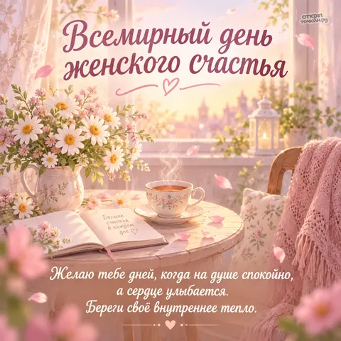 Открытка «День женского счастья, больше счастья в каждом дне, ромашки и чай на балконе»