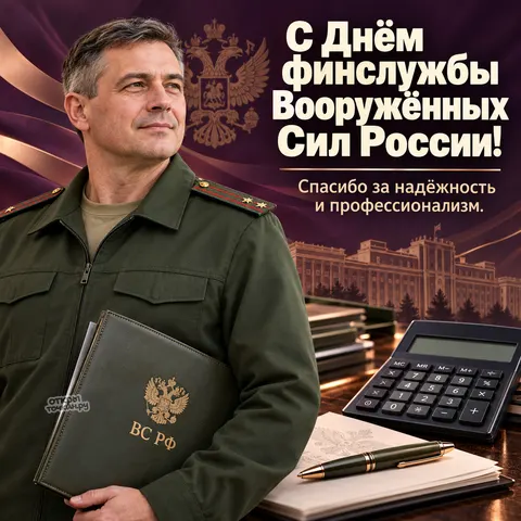 Открытка «День финслужбы ВС РФ, офицер с папкой, здание Минобороны, калькулятор и ручка» — День финансово-экономической службы ВС РФ