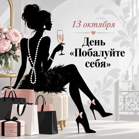 Открытка «Побалуйте себя, дама с шампанским и покупками»