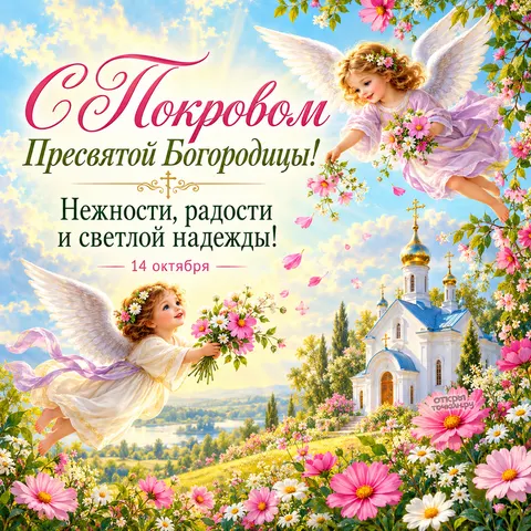Открытка «Покровская открытка с ангелочками и цветами» — Покров Пресвятой Богородицы