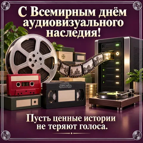 Открытка «Всемирный день аудиовизуального наследия, кассеты плёнка и проигрыватель у цифрового сервера»