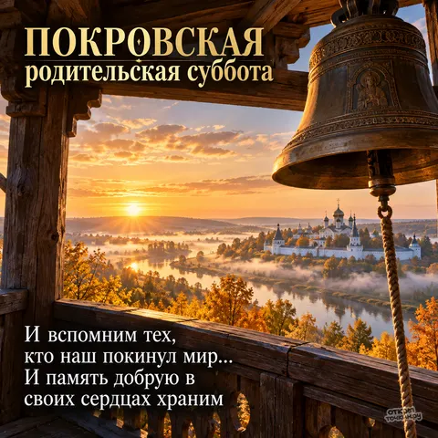 Открытка «Покровская родительская суббота, церковный колокол над туманной долиной»