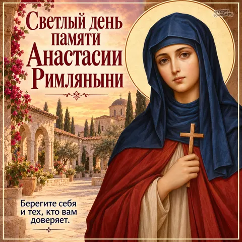 Открытка «День памяти преподобномученицы Анастасии Римляныни, Анастасия у светлой обители с цветущей галереей»