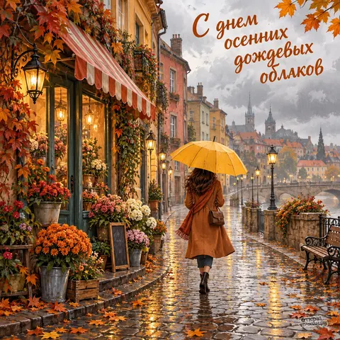 Открытка «День осенних дождевых облаков, девушка с жёлтым зонтом у цветочного магазина»