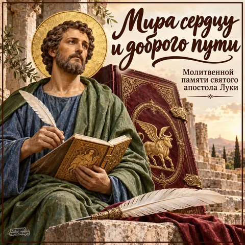 Открытка «День памяти апостола Луки, апостол пишет пером, большая книга с крылатым тельцом у древних руин, мира сердцу и доброго пути» — День памяти святого апостола и евангелиста Луки