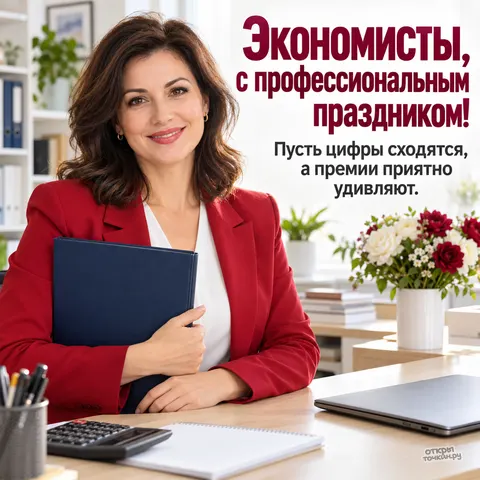 Открытка «День экономиста в России, женщина экономист с папкой в офисе»
