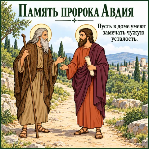 Открытка «День памяти пророка Авдия, два пророка со свитком на горной тропе»