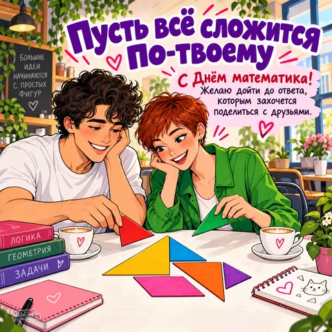 Открытка «День математика, Танграм в кафе»