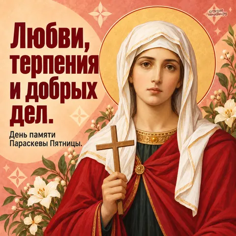 Открытка «День памяти великомученицы Параскевы наречённой Пятница, лик Параскевы с лилиями и добрыми делами»