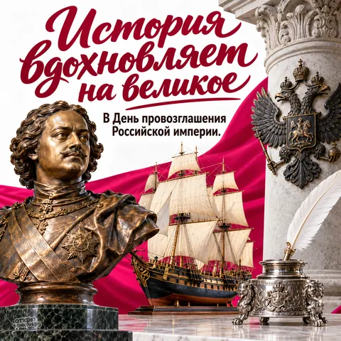 Открытка «День провозглашения Российской империи, бюст на постаменте, модель корабля и перо у колонны с гербом»