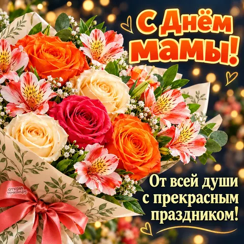 Открытка «С Днём мамы, яркие розы и альстромерии на тёмном фоне» — День матери