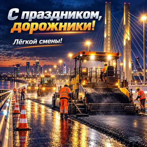 Открытка «День работников дорожного хозяйства, ночная укладка асфальта на мосту»