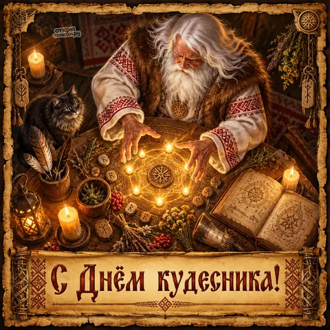 Открытка «День кудесника, магический обряд со свечами, мудрец с рунами и чёрным котом»