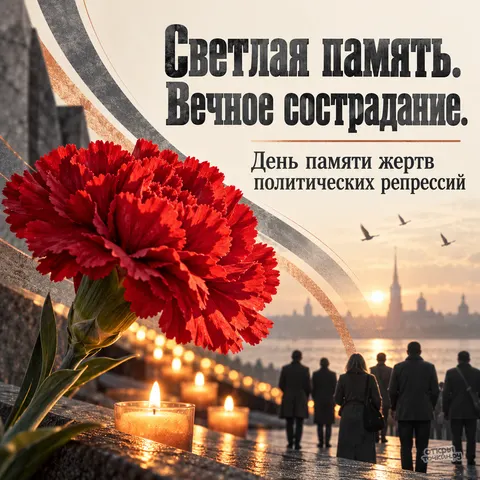 Открытка «День памяти жертв политических репрессий, красная гвоздика и свечи на набережной, силуэты людей на закате над городом»