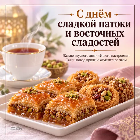 Открытка «День сладкой патоки и восточных сладостей, праздник за чаем, пахлава и чашка с паром»
