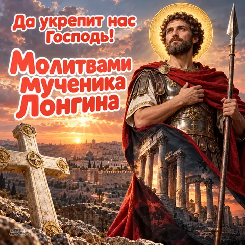 Открытка «День памяти Лонгина Сотника, мученик на фоне Иерусалима на закате, каменный крест и античные руины, молитвами мученика Лонгина» — День памяти святого мученика Лонгина Сотника