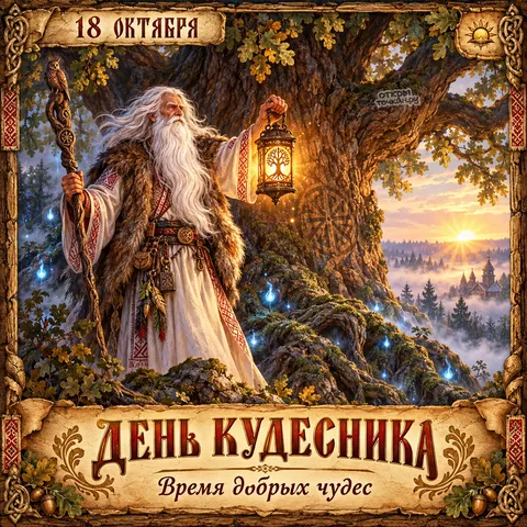 Открытка «День кудесника, время добрых чудес, мудрец у векового дуба с совой, 18 октября»