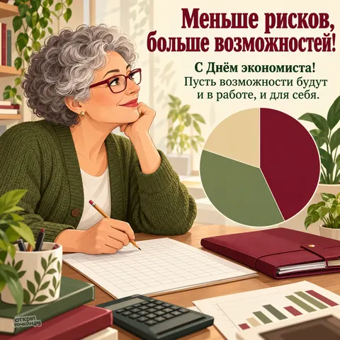 Открытка «День экономиста в России, женщина экономист с графиками за столом»