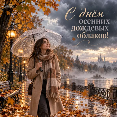 Открытка «День осенних дождевых облаков, девушка с прозрачным зонтом в парке у воды»
