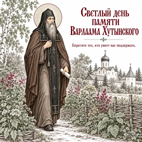 Открытка «День памяти преподобного Варлаама Хутынского, гравюра с чётками у монастыря в лесу»