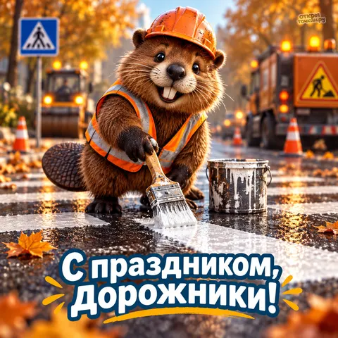 Открытка «С днём дорожника, бобёр рисует пешеходный переход осенью» — День работников дорожного хозяйства