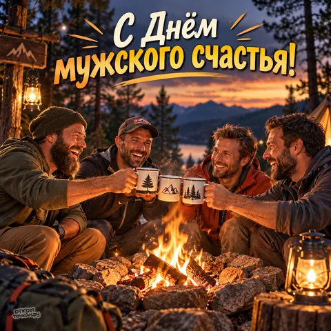 Открытка «День мужского счастья, друзья с кружками у костра в походе»