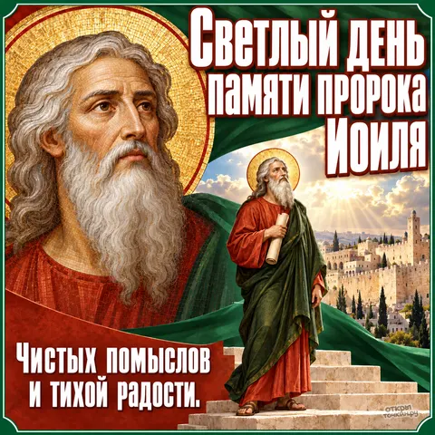 Открытка «День памяти пророка Иоиля, крупный портрет и пророк на ступенях, чистых помыслов и тихой радости» — День памяти святого пророка Иоиля