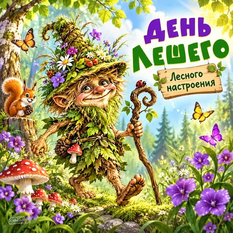 Открытка «День лешего, лесного настроения, леший идёт по цветущему лесу»