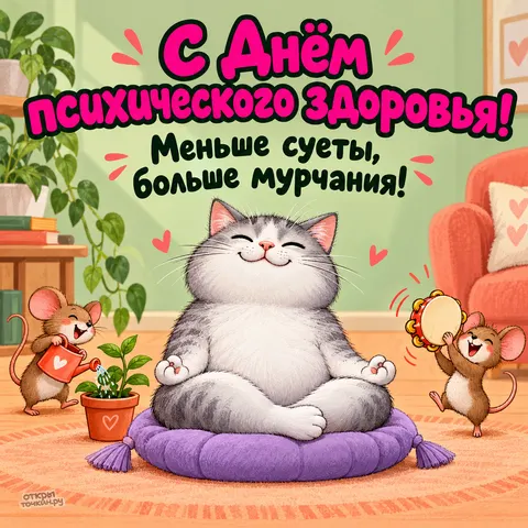 Открытка «Всемирный день психического здоровья» — С Днём психического здоровья, кот медитирует рядом с мышами