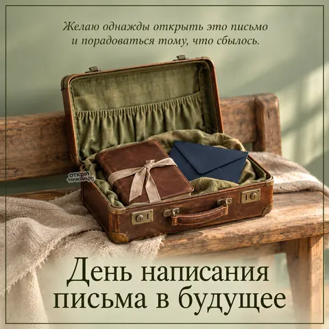 Открытка «День написания письма в будущее, открытый чемодан с блокнотом и конвертом»