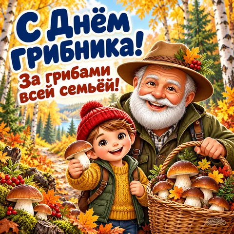 Открытка «С днём грибника с семьей»