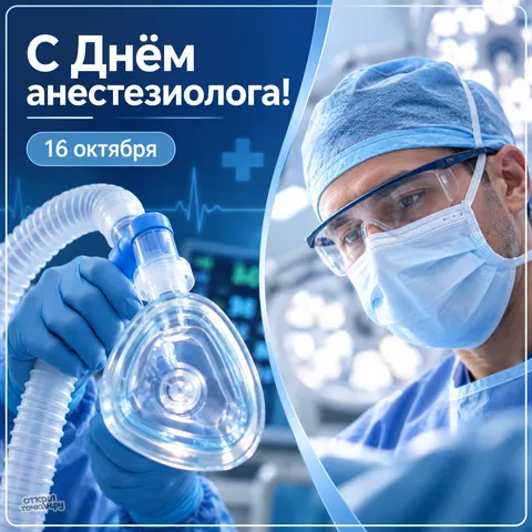 Открытка «Всемирный день анестезиолога-реаниматолога, анестезиолог с маской и дыхательным контуром»