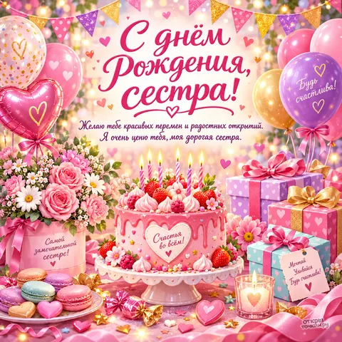 Открытка «С днём рождения сестра, красивых перемен и радостных открытий»