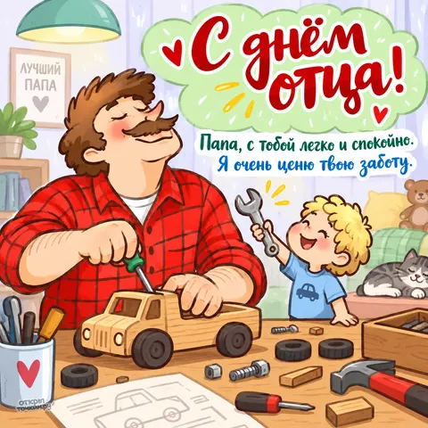 Открытка «С днём отца, папа и сын мастерят деревянную машинку»