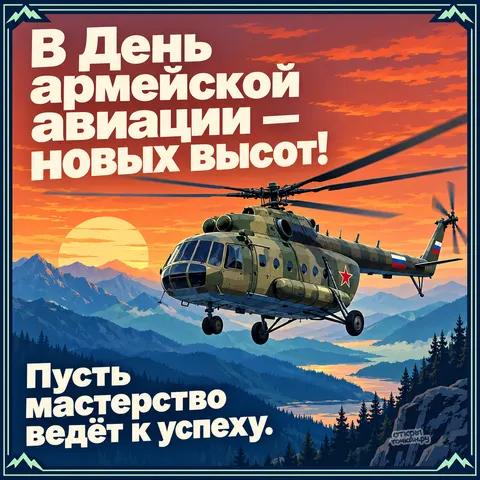 Открытка «День армейской авиации, вертолёт Ми 8 над горами и рекой, закат и красная звезда» — День армейской авиации России