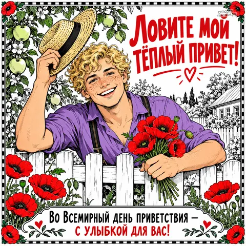 Открытка «Всемирный день приветствия, парень с букетом маков машет из сада»