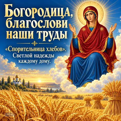 Открытка «Икона Спорительница хлебов, Богородица на облаках над полем, храм у реки на закате, благослови наши труды, светлой надежды дому» — Праздник иконы Божией Матери «Спорительница хлебов»