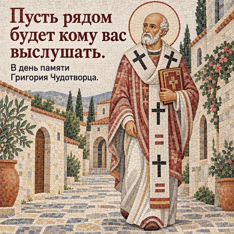Открытка «День памяти Григория Чудотворца, мозаика святителя с книгой в белом городе»